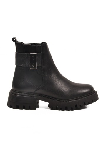 Siyah Hakiki Deri Kaymaz Taban Fermuarlı Kadın Bot Premium 23783-1 Z