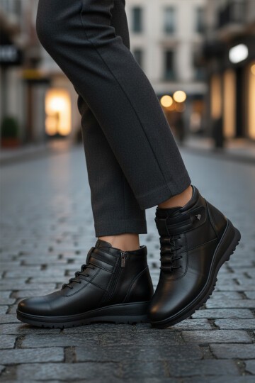 Siyah Fermuarlı Hakiki Deri Kadın Bot Z438 Z