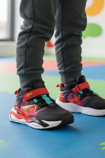 Siyah-Kırmızı Cırtlı Çocuk Spor Ayakkabı 161-T5411102 F