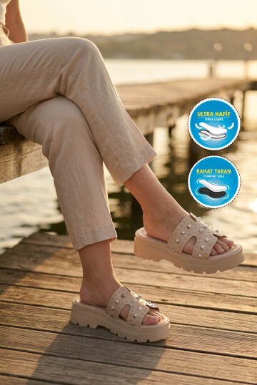 Bej Yüksek Tabanlı ComfortSole Taban Kadın Terlik 35350 Z