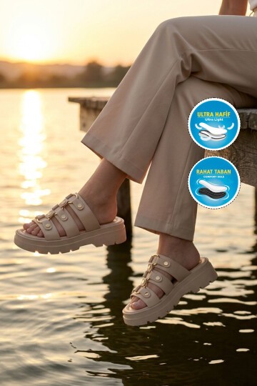 Bej Hafif Yüksek Tabanlı ComfortSole Taban Kadın Terlik 35351 Z
