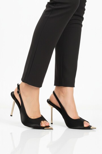 Siyah Saten Kadın İnce topuklu Abiye Ayakkabı 618512 Z