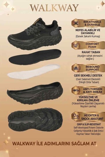 Siyah Hafif Yüksek Tabanlı Memory Foarm Unisex Spor Ayakkabı B25XI101 G