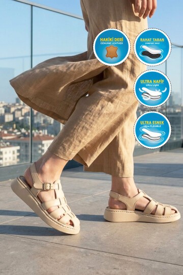 Bej Hafif Hava Alabilen Hakiki Deri Kadın Sandalet 12500 Z