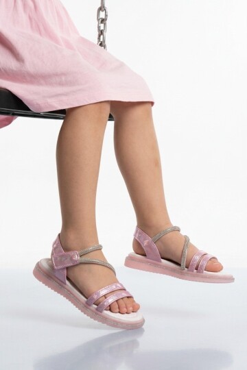 Pembe Ortopedik Taşlı Cırtlı Kız Çocuk Sandalet