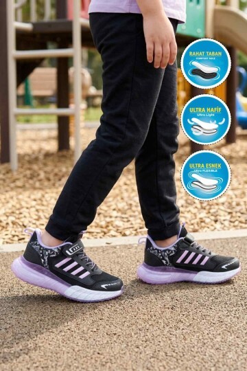 Siyah-Lila Rahat Taban Kız Çocuk Spor Ayakkabı 748 F