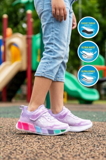 Lila-Fuşya Işıklı Kız Çocuk Spor Ayakkabı 1035 F