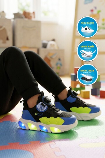 Siyah Mekanizma Bağcıklı Işıklı Erkek Çocuk Spor Ayakkabı Leon P