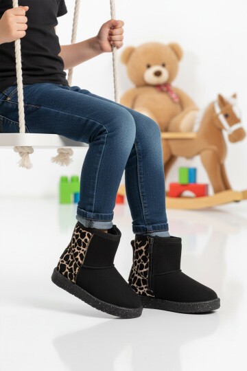 Siyah Leopar İçi Kürklü Fermuarlı Kız Çocuk Bot 1212 P