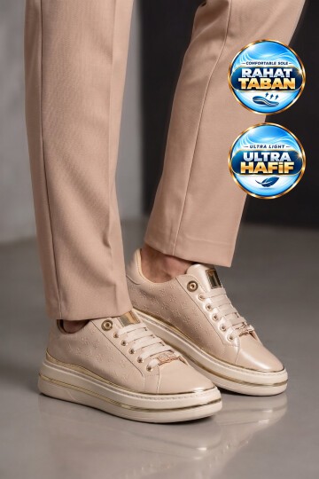 Kadın Bej Cilt Bağcıklı Sneaker Kadın Şık Rahat Casual Yürüyüş Ayakkabı 431173