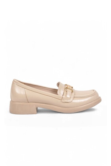 Kadın Toka Detaylı Şık Rahat Bej Parlak Kadın Klasik Casual Ayakkabı Loafer PC-56064