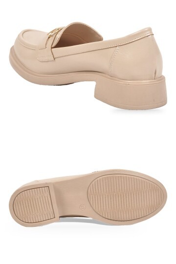 Kadın Toka Detaylı Şık Rahat Bej Parlak Kadın Klasik Casual Ayakkabı Loafer PC-56064