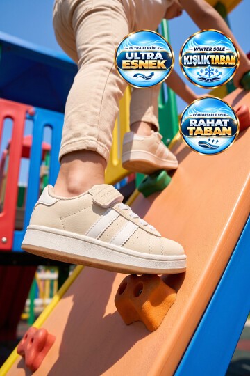 Cırt Bantlı Kalın Rahat Taban Bej Unisex Çocuk Yürüyüş ve Spor Ayakkabı Sneaker Coop