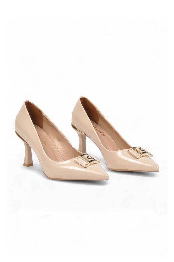 İnce Topuklu Sivri Burun Şık Özel Gün Gece Bej Rugan Kadın Abiye Ayakkabı PC-56203