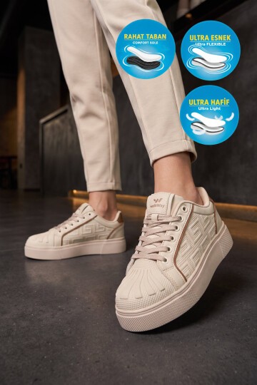 Erkek Bağcıklı Kalın Taban Spor Ayakkabı Bej Şık Rahat Casual Ayakkabı Sneaker 26201