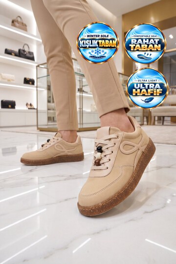 Aksesuar Bağcıklı Kalın Taban Sneaker Bej Şık Rahat Casual Yürüyüş Ayakkabı 669253