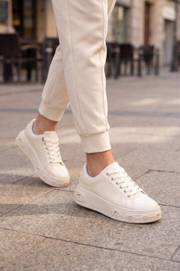 Kadın Bağcıklı Şık Rahat Sneaker Beyaz Cilt Kalın Taban Casual Yürüyüş Ayakkabı 431179