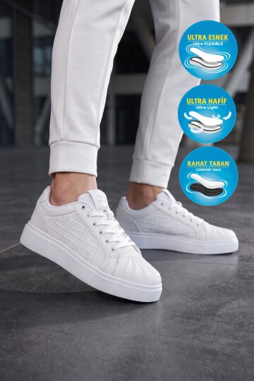 Unisex Bağcıklı Kalın Taban Spor Ayakkabı Beyaz Şık Rahat Casual Ayakkabı Sneaker 26201