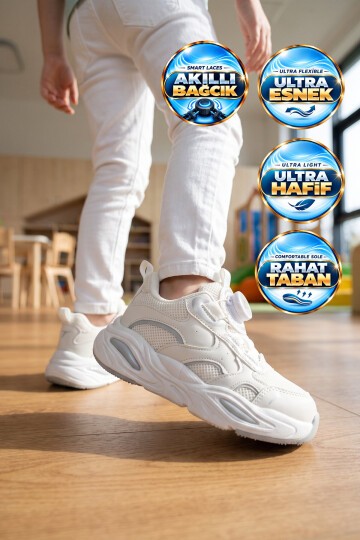 Beyaz Akıllı Bağcıklı Fileli Erkek Çocuk Spor Ayakkabı Sneaker Frank P