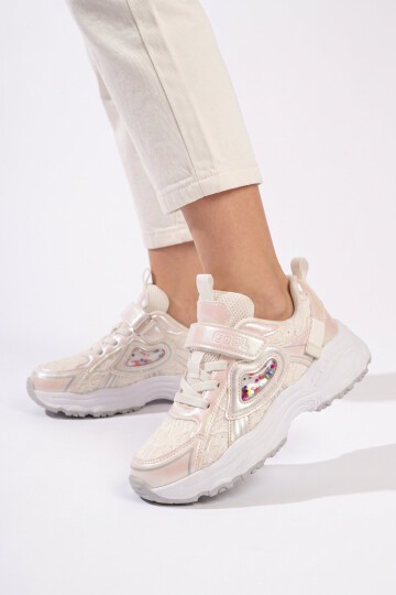 Beyaz Desenli Cırt Bantlı Rahat Tabanlı Kız Çocuk Yürüyüş ve Spor Ayakkabı Sneaker Sımba