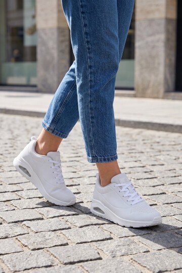 Bağcıklı Kalın Tabanlı Beyaz Unisex Yürüyüş ve Spor Ayakkabı Sneaker 5101