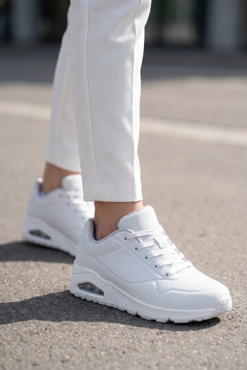 Bağcıklı Kalın Tabanlı Beyaz Unisex Yürüyüş ve Spor Ayakkabı Sneaker 5101