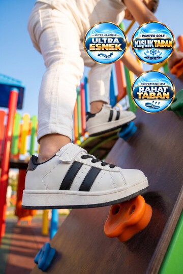 Cırt Bantlı Kalın Rahat Taban Beyaz-Siyah Unisex Çocuk Yürüyüş ve Spor Ayakkabı Sneaker Coop