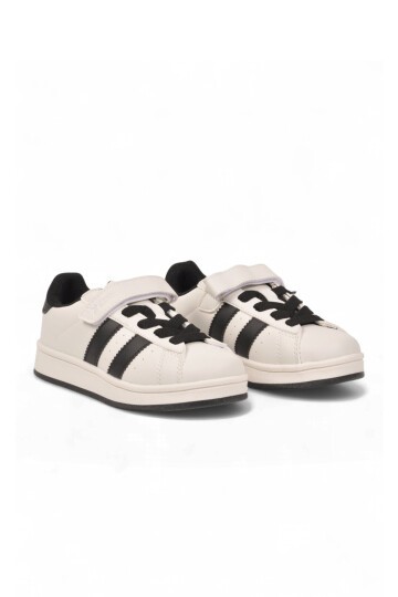 Cırt Bantlı Kalın Rahat Taban Beyaz-Siyah Unisex Çocuk Yürüyüş ve Spor Ayakkabı Sneaker Coop