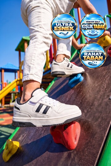 Cırt Bantlı Kalın Rahat Taban Beyaz-Siyah Unisex Çocuk Yürüyüş ve Spor Ayakkabı Sneaker Foor