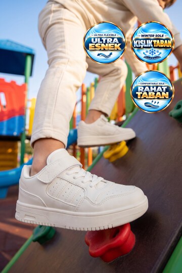 Cırt Bantlı Kalın Rahat Taban Beyaz Unisex Çocuk Yürüyüş ve Spor Ayakkabı Sneaker Foor