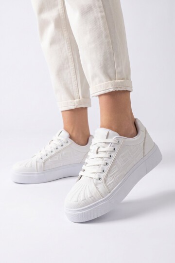 Erkek Bağcıklı Kalın Taban Spor Ayakkabı Beyaz Şık Rahat Casual Ayakkabı Sneaker 26201