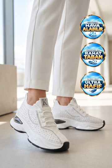 Anorak Örme Taş İşlemeli Sneaker Beyaz Hafif Rahat Taban Kadın Casual Yürüyüş Ayakkabı K252-0045-00