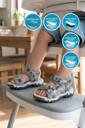 Gri-Kamuflaj Ortopedik Bebek Sandalet 25T104 B
