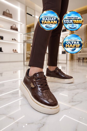 Kadın Bağcıklı Sneaker Kahve Cilt Kalın Rahat Taban Casual Yürüyüş Ayakkabı 231176
