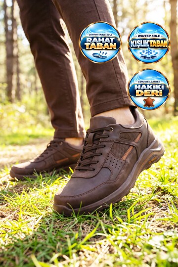 Erkek Bağcıklı Kaymaz Tabanlı Kahve Hakiki Deri Outdoor Trekking Ayakkabı 2055