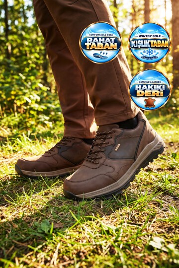 Erkek Bağcıklı Kaymaz Tabanlı Su İtici Kahve Hakiki Deri Outdoor Trekking Ayakkabı 2526
