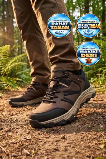Erkek Bağcıklı Kaymaz Tabanlı Su İtici Kahve Hakiki Deri Outdoor Trekking Ayakkabı 2672