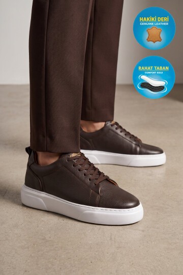 Erkek Bağcıklı Kalın Rahat Tabanlı Kahve Hakiki Deri Casual Sneaker Ayakkabı 272303