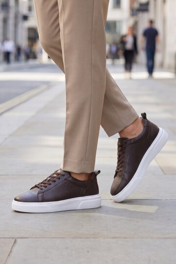 Erkek Bağcıklı Kalın Rahat Tabanlı Kahve Hakiki Deri Casual Sneaker Ayakkabı 272303