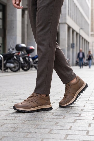 Rahat Memory Taban Sneaker Kahve Lastik Bağcıklı Erkek Casual Yürüyüş Ayakkabı Tough