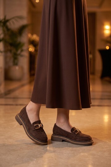 Kadın Kahve Süet Loafer Taş Detaylı Şık Rahat Taban Özel Gün ve Gece Casual Ayakkabı 457320
