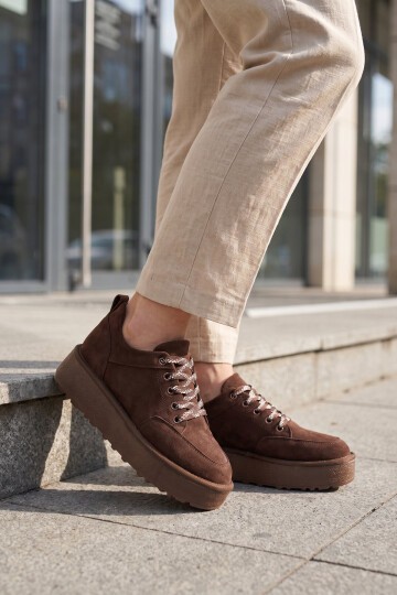 Kadın Kahve Süet Bağcıklı Kalın Rahat Tabanlı Şık Casual Sneaker Ayakkabı 635443