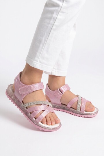 Pembe Taş Detaylı Cırtlı Bebek Sandalet Maya B