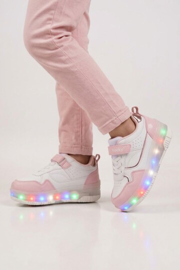 Pudra-Beyaz Işıklı Ortopedik Kız Çocuk Patenli Spor Ayakkabı Glow F