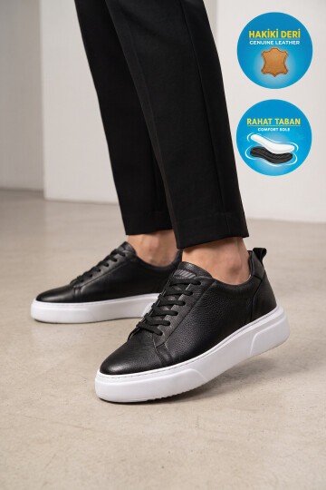 Erkek Bağcıklı Kalın Rahat Tabanlı Siyah-Beyaz Hakiki Deri Casual Sneaker Ayakkabı 272303