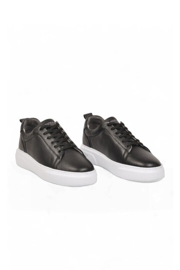 Erkek Bağcıklı Kalın Rahat Tabanlı Siyah-Beyaz Hakiki Deri Casual Sneaker Ayakkabı 272303