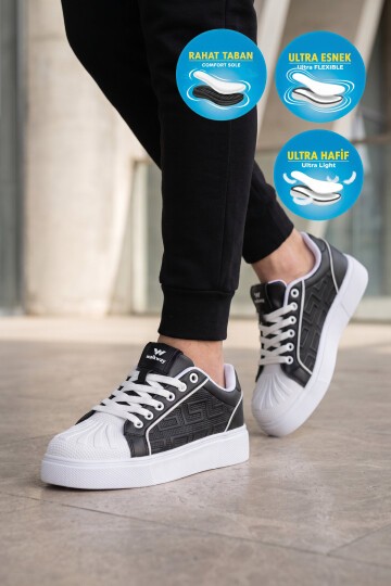 Unisex Bağcıklı Kalın Taban Spor Ayakkabı Siyah-Beyaz Şık Rahat Casual Ayakkabı Sneaker 26201