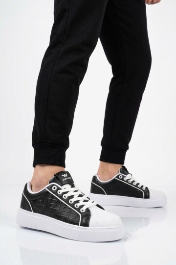 Unisex Bağcıklı Kalın Taban Spor Ayakkabı Siyah-Beyaz Şık Rahat Casual Ayakkabı Sneaker 26201