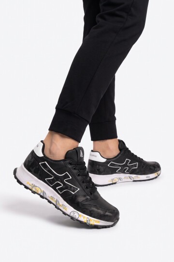 Erkek Ortopedik Rahat Taban Bağcıklı Siyah-Beyaz Erkek Yürüyüş ve Spor Ayakkabı Sneaker 2444 (Cilt)