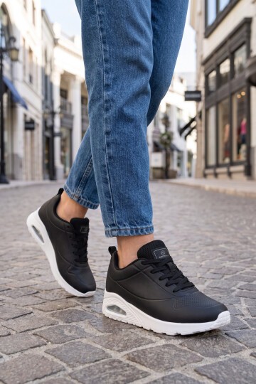 Bağcıklı Kalın Tabanlı Siyah-Beyaz Unisex Yürüyüş ve Spor Ayakkabı Sneaker 5101